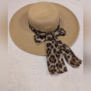 Sun 'N' Sand UPF 50+ Wide Brim Straw Hat Leopard Print Bow Ribbon Sun Protection